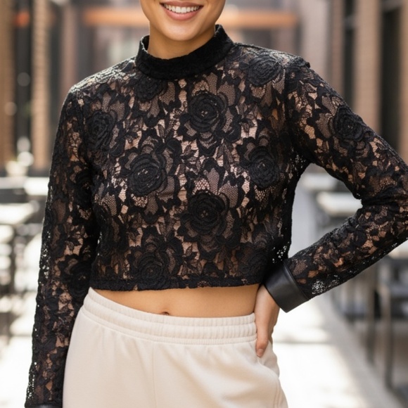 ENDLESS RORE 3D FLORAL LACE LEATHER TRIM CROP TOP - Picture 1 of 7